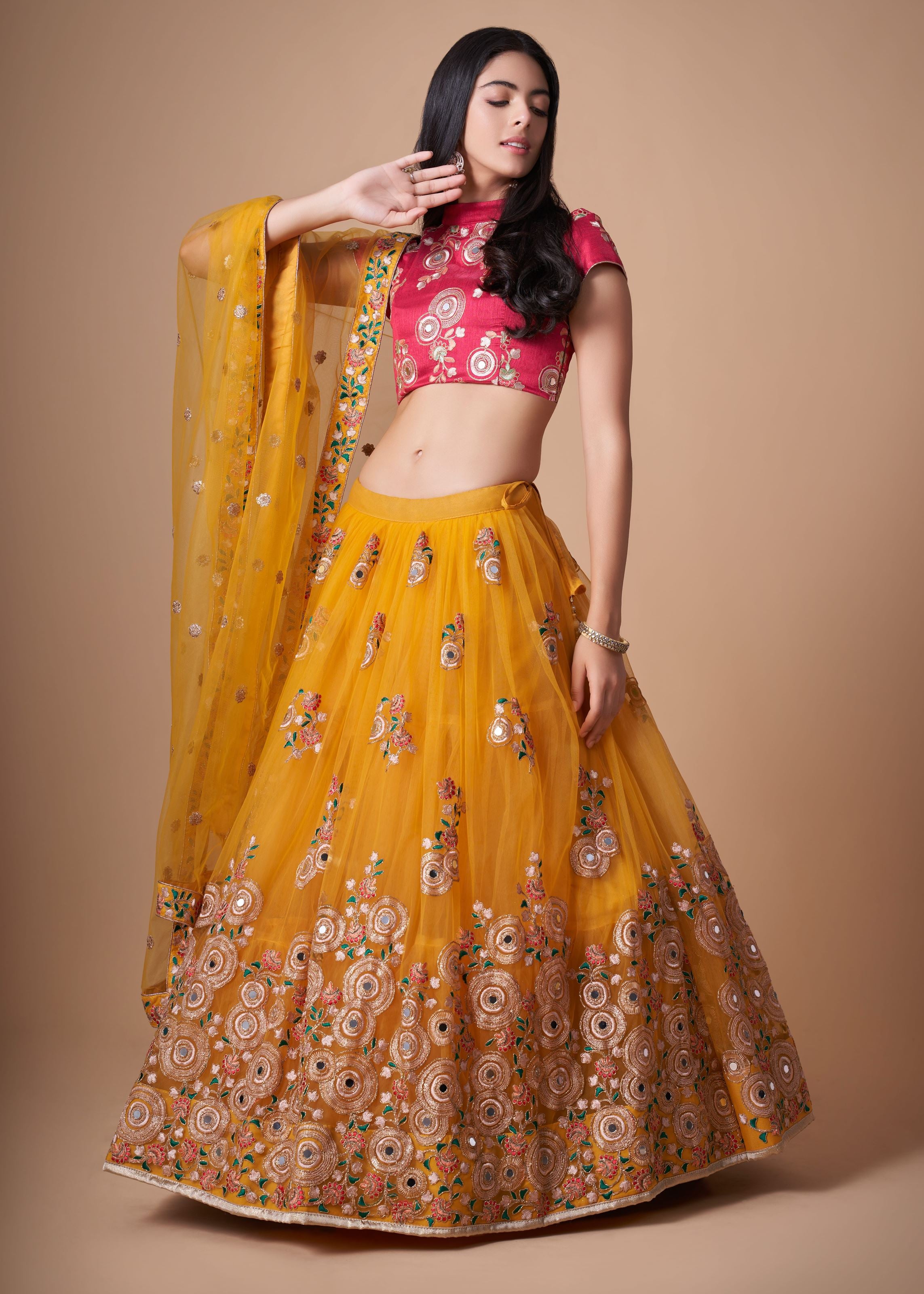 Yellow Lehenga Choli With   Thread, Zari, Dori And Sequins Embroidery With Mirror Work