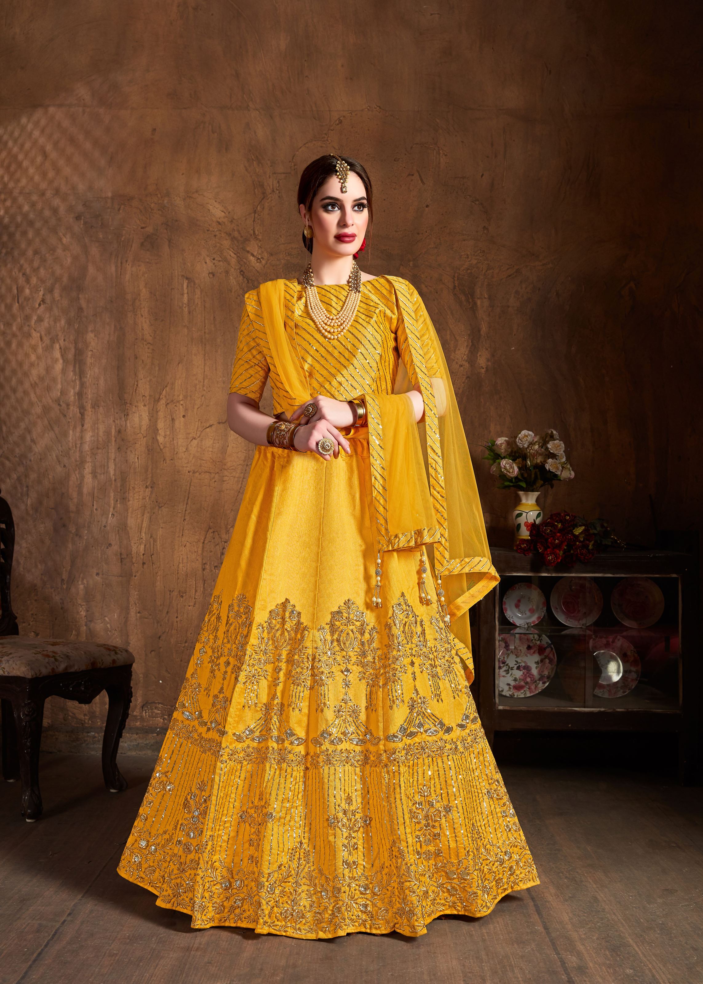 Yellow Lehenga Choli With Zari, Sequins Embroidery And Diamond Work