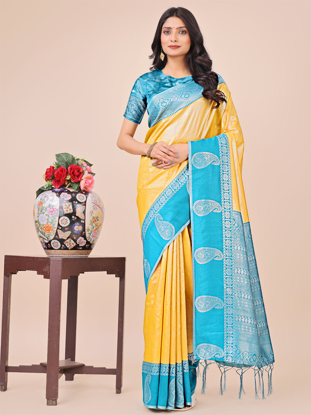 Yellow Lichi Silk Woven Designer Festive Graceful Saree