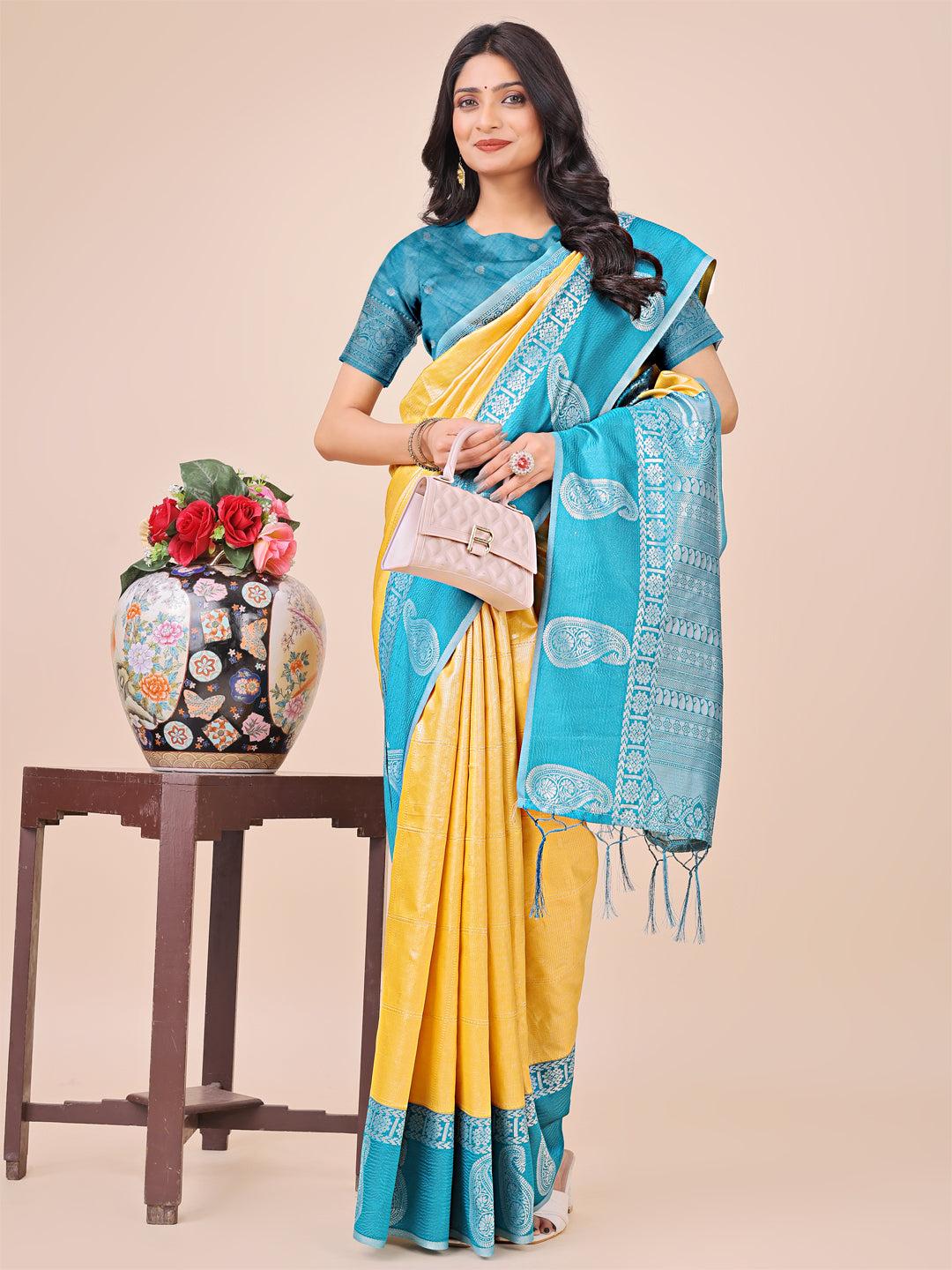 Yellow Lichi Silk Woven Designer Festive Graceful Saree