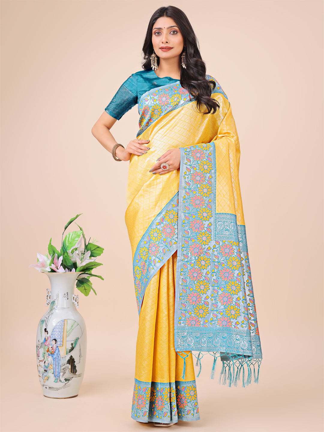 Yellow Lichi Silk Woven Designer Partywear Saree