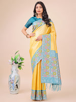 Yellow Lichi Silk Woven Designer Partywear Saree