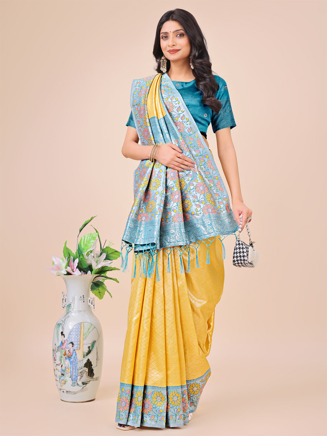 Yellow Lichi Silk Woven Designer Partywear Saree