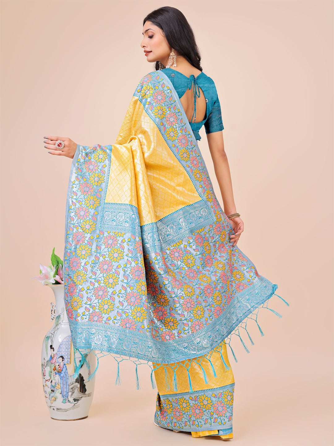 Yellow Lichi Silk Woven Designer Partywear Saree