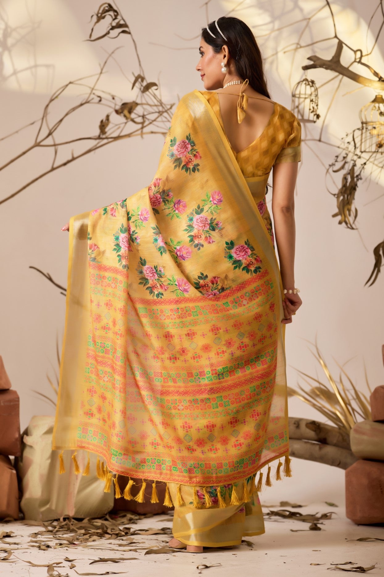 Yellow Linen Cotton Saree With Digital Printed Classic Elegant Saree