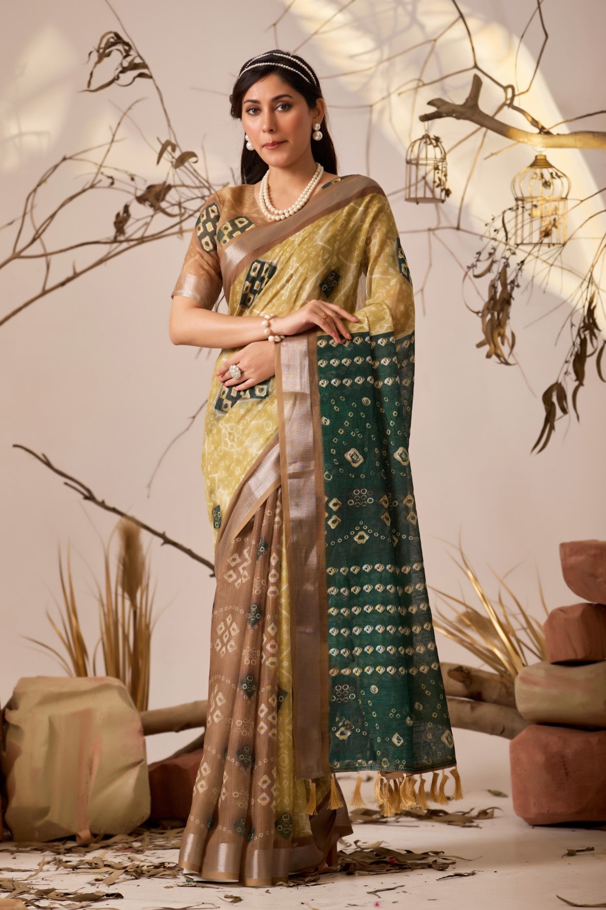 Yellow Linen Cotton Saree With Digital Printed Festive Traditional Saree