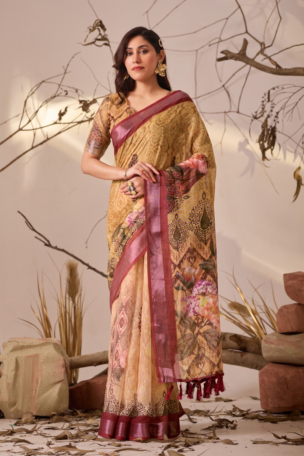 Yellow Linen Cotton Saree with Digital Print