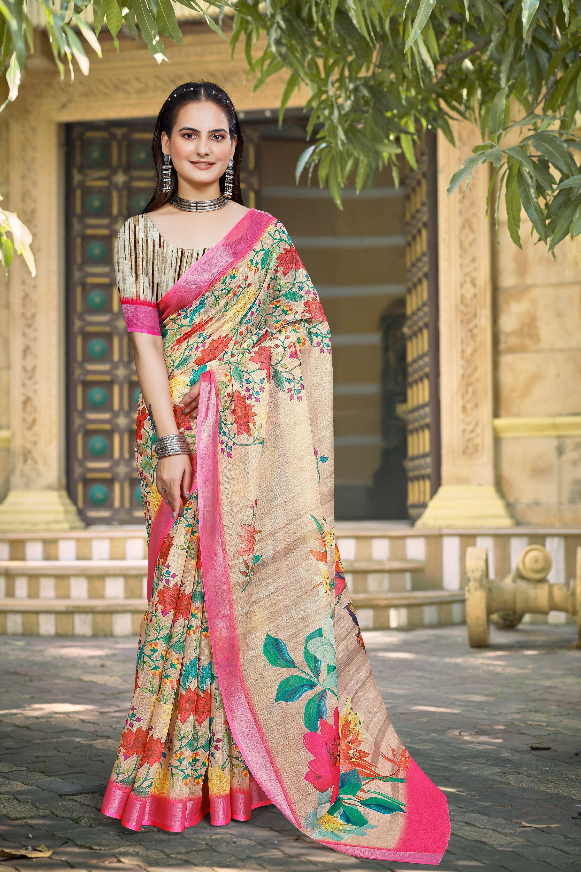 Yellow Linen Cotton Woven Border Designer Printed Saree