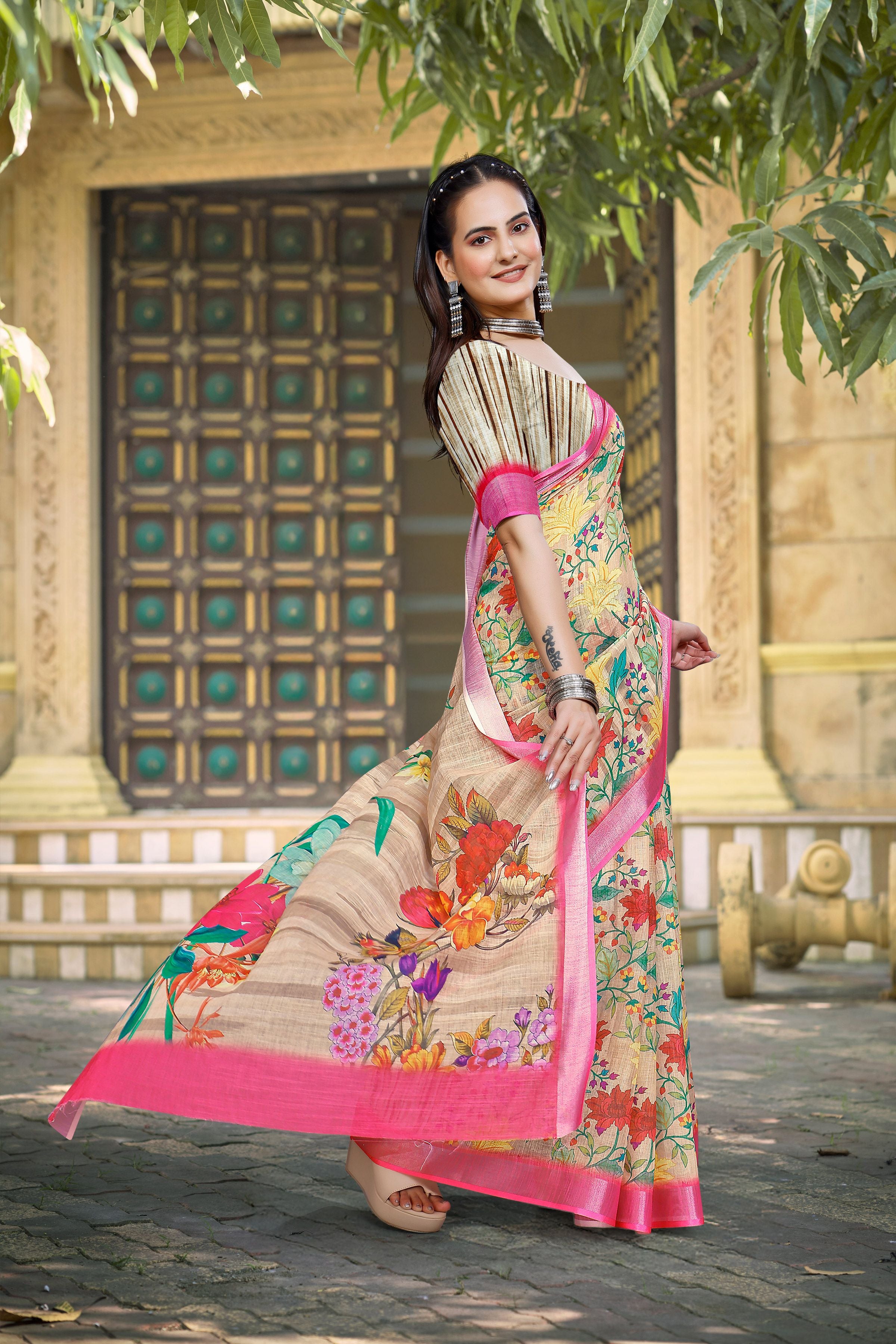 Yellow Linen Cotton Woven Border Designer Printed Saree