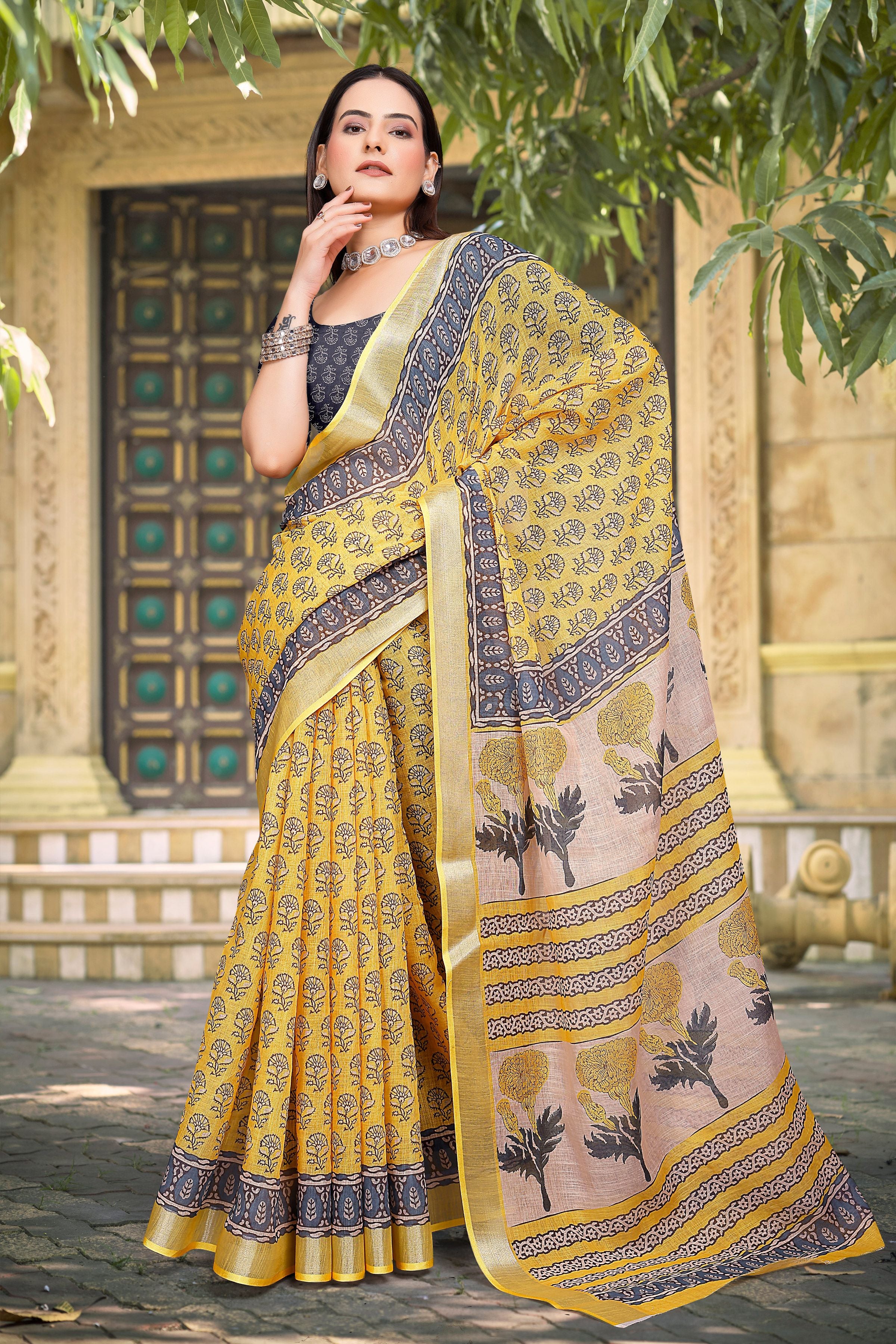 Yellow Linen Cotton Woven Border Designer Printed Saree