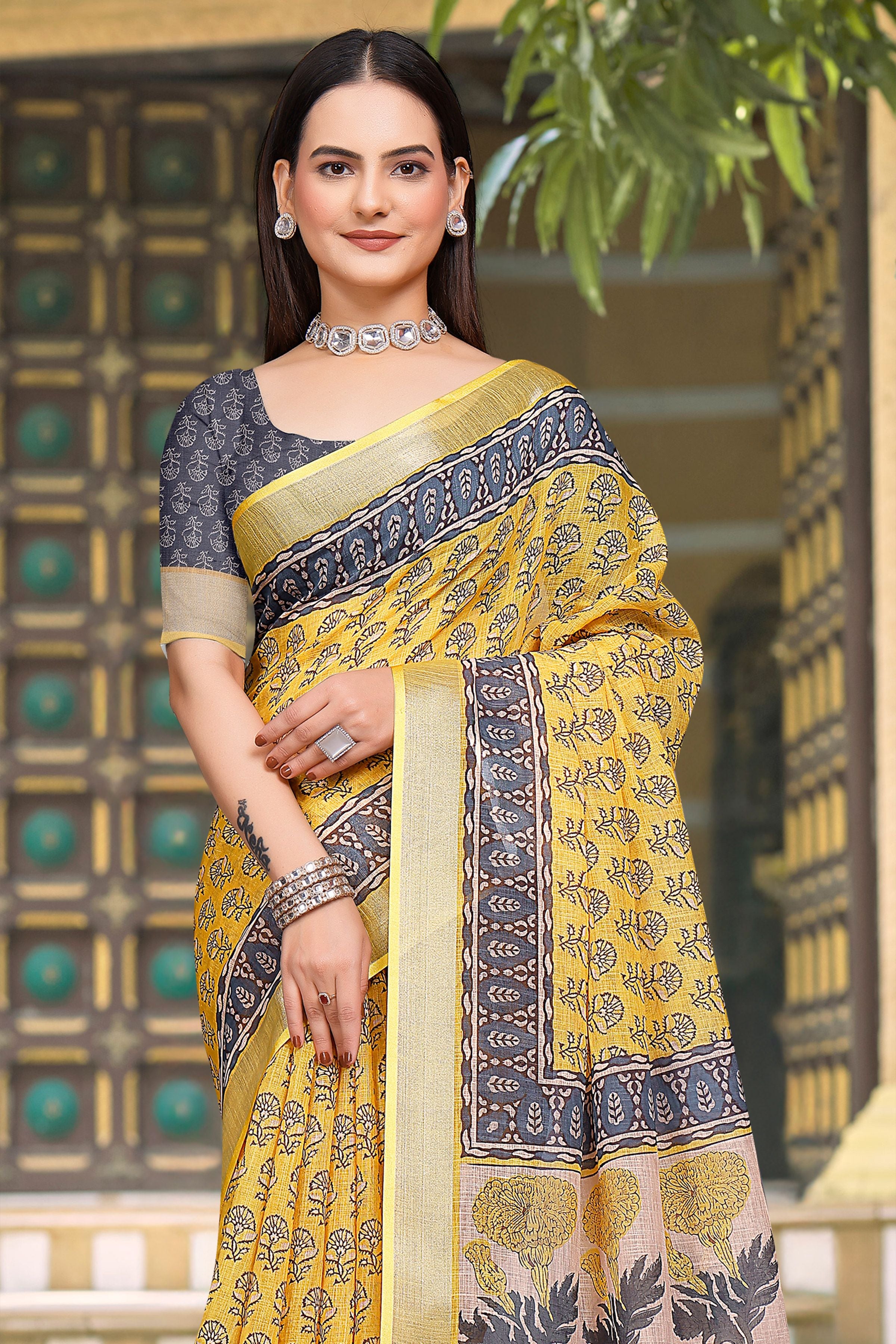 Yellow Linen Cotton Woven Border Designer Printed Saree