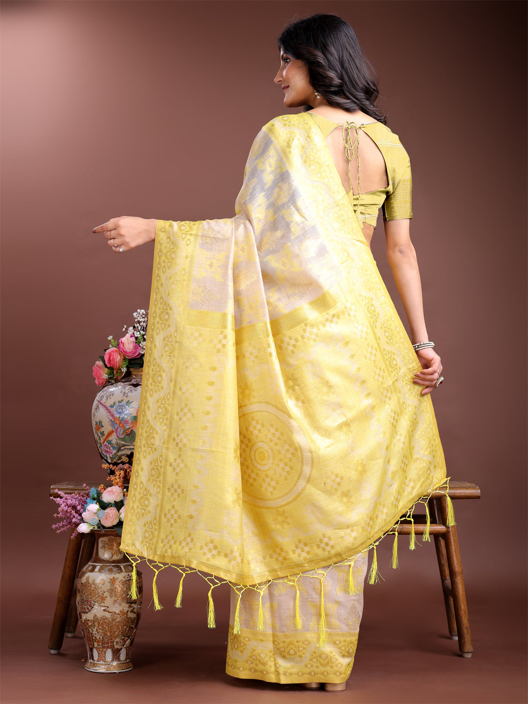 Yellow Linen Cotton Woven Jacquard Designer Beautiful Traditional Saree