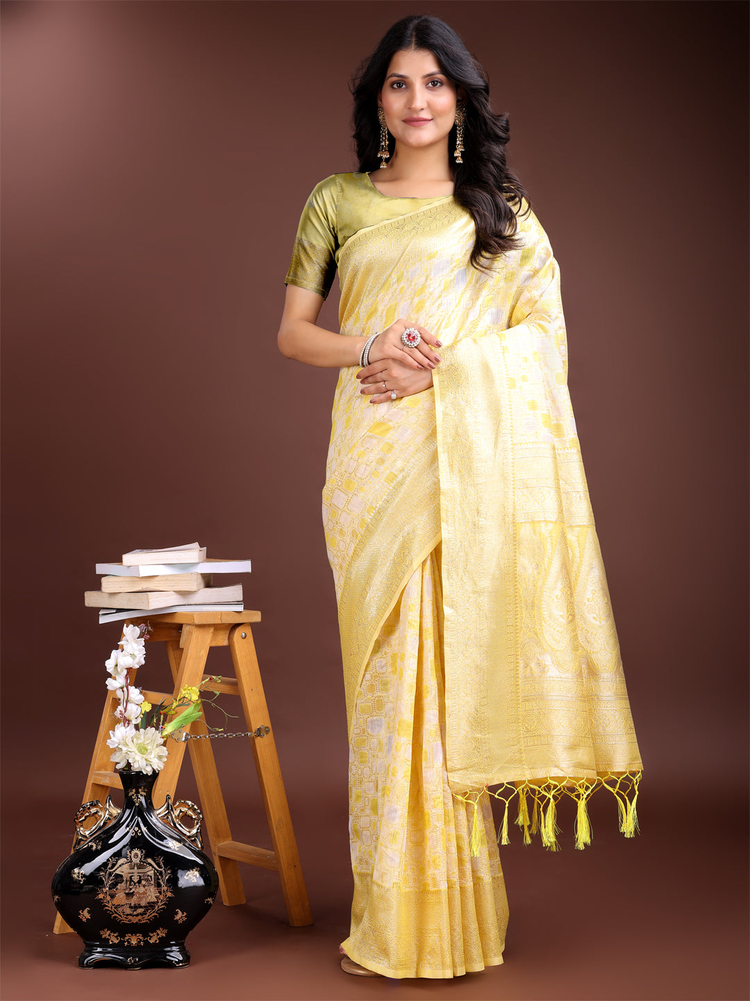 Yellow Linen Cotton Woven Jacquard Designer Ehtnic Partywear Girlie Looks Saree