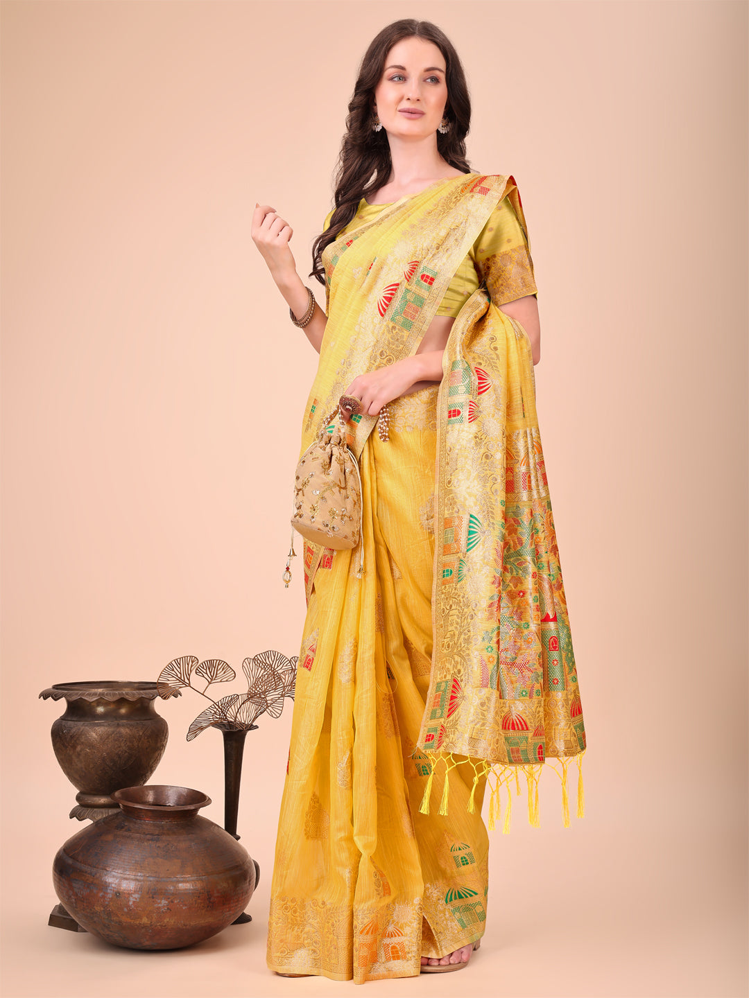 Yellow Linen Cotton Woven Jacquard Designer Ethnic Festive Wear Saree