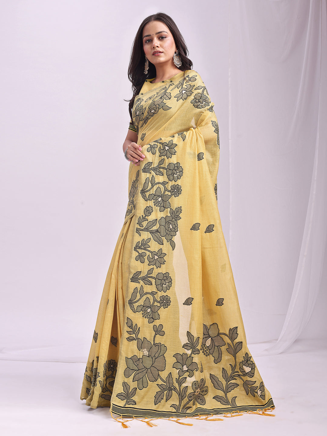 Yellow Linen Cotton Woven Thread Designer Festive Sophisticated Saree