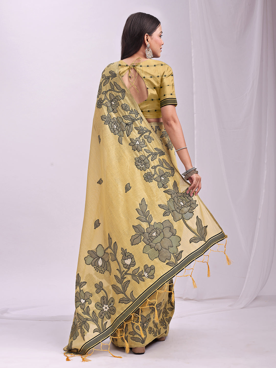 Yellow Linen Cotton Woven Thread Designer Festive Sophisticated Saree