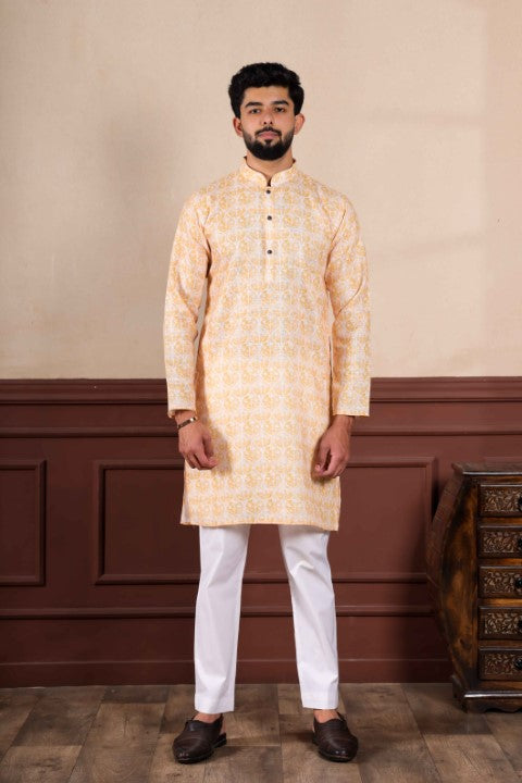 Yellow Linen Digital Printed Graceful Kurta Pajama