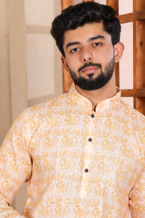 Yellow Linen Digital Printed Graceful Kurta Pajama