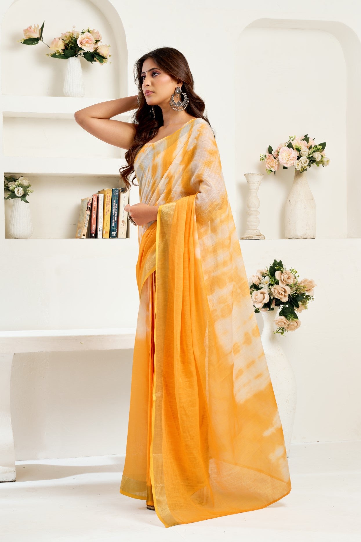 Yellow Linen Ready To Wear Saree With Zari Border Printed