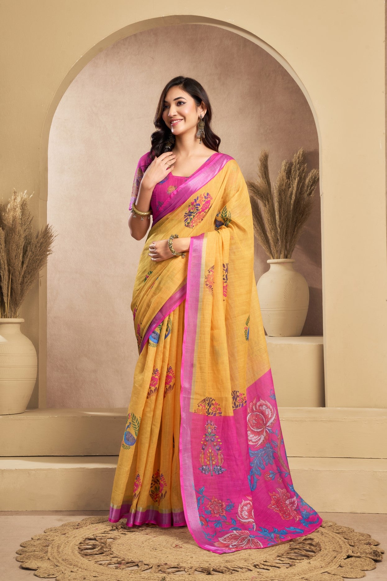 Yellow Linen Ready To Wear Saree With Zari Border Printed
