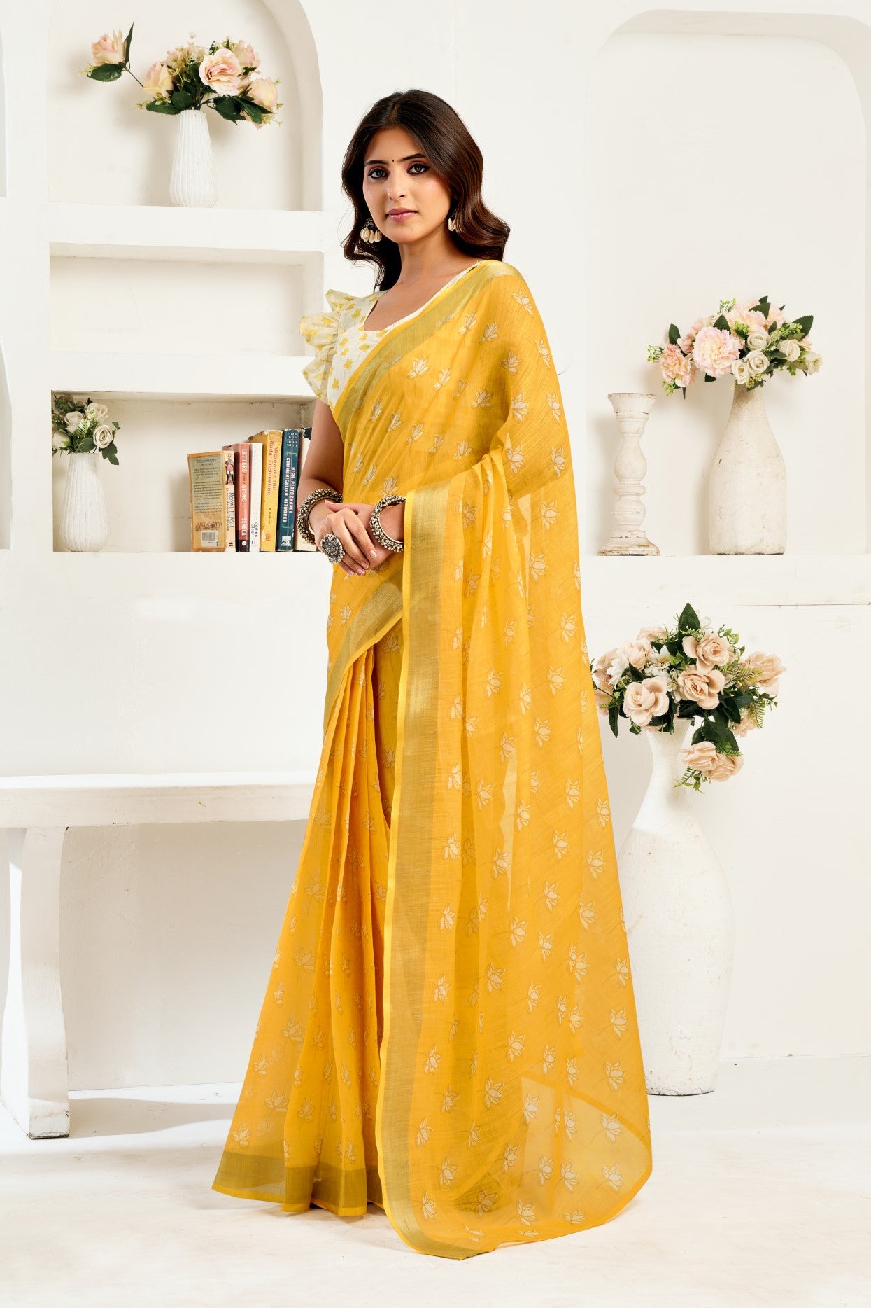 Yellow Linen Ready To Wear Saree With Zari Border Printed