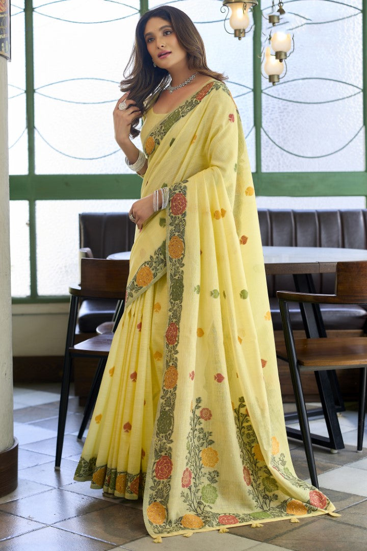 Yellow Linen Saree with Premium Jacquard Woven Style