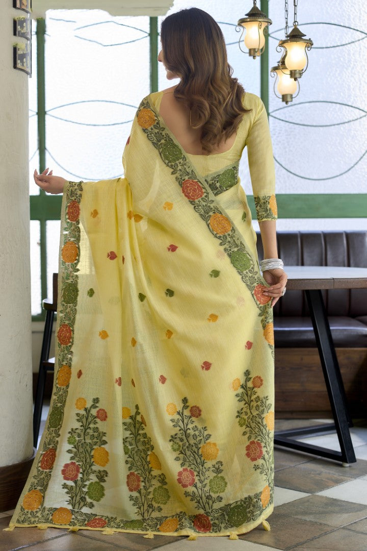 Yellow Linen Saree with Premium Jacquard Woven Style
