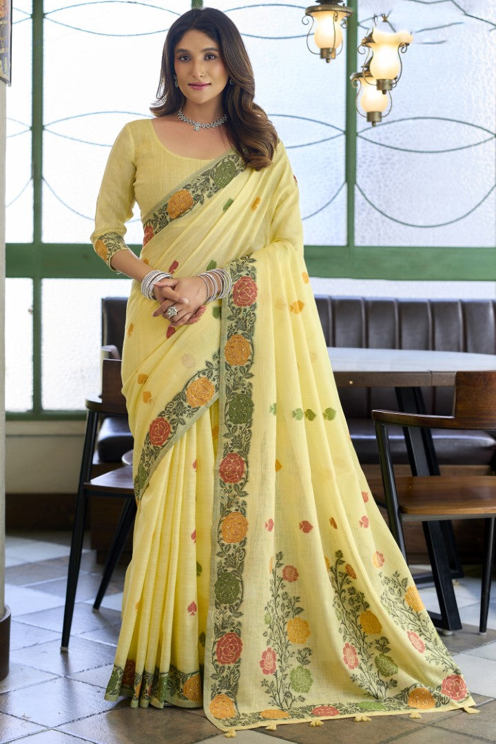 Yellow Linen Saree with Premium Jacquard Woven Style