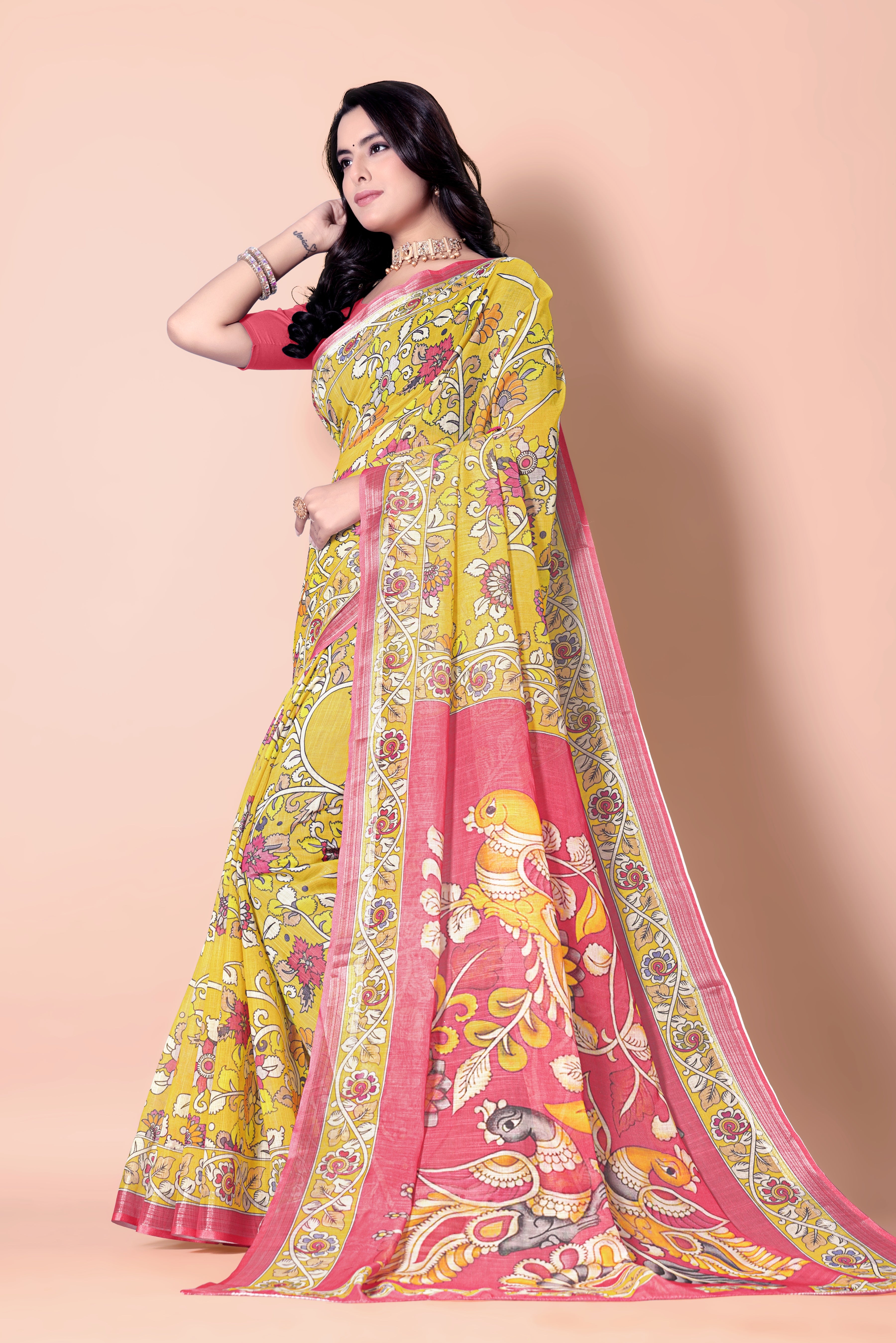 Yellow Linen Soft Printed Designer Saree