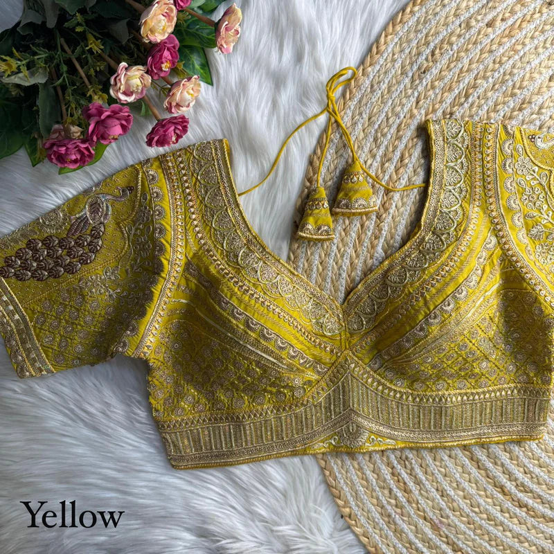 Yellow Luxe Bridal Roman Silk Blouse with Gold Zari, Embroidery & Sequins