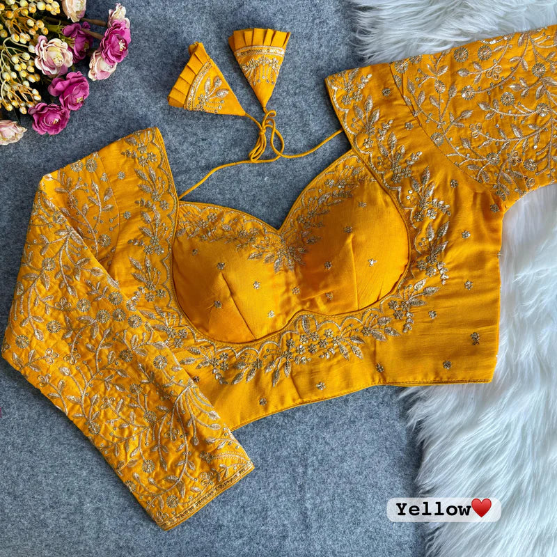 Yellow Madhubala Vichitra Silk Blouse With Embroidery & Sequins Work