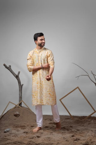 Yellow Modal Silk Designer Printed Ethnic Ceremonial Kurta Pajama