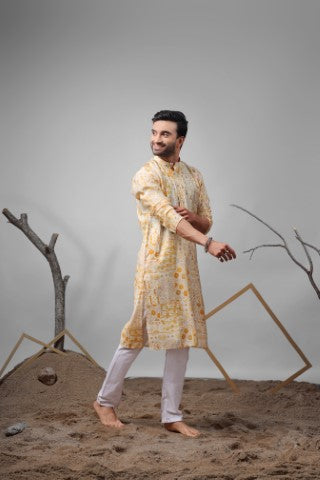 Yellow Modal Silk Designer Printed Ethnic Ceremonial Kurta Pajama