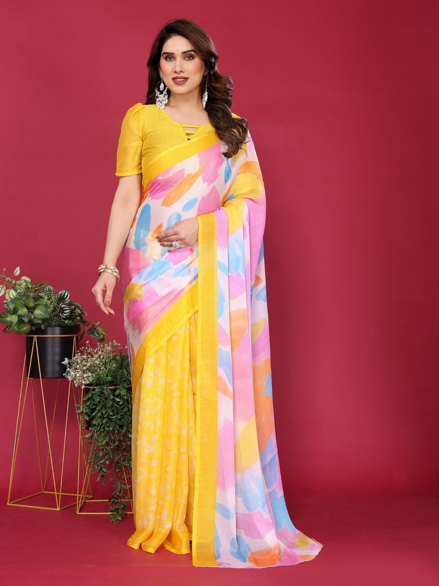 Yellow Moss Chiffon Saree With Elegant Printed Design