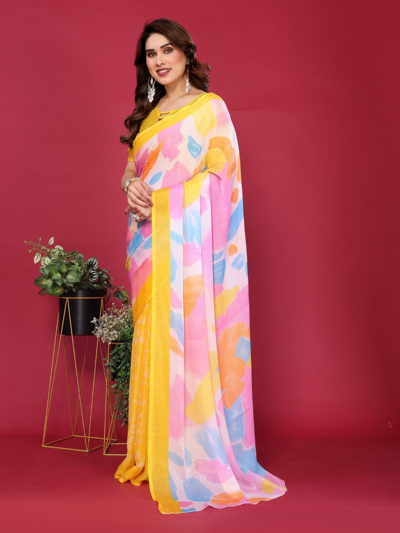 Yellow Moss Chiffon Saree With Elegant Printed Design