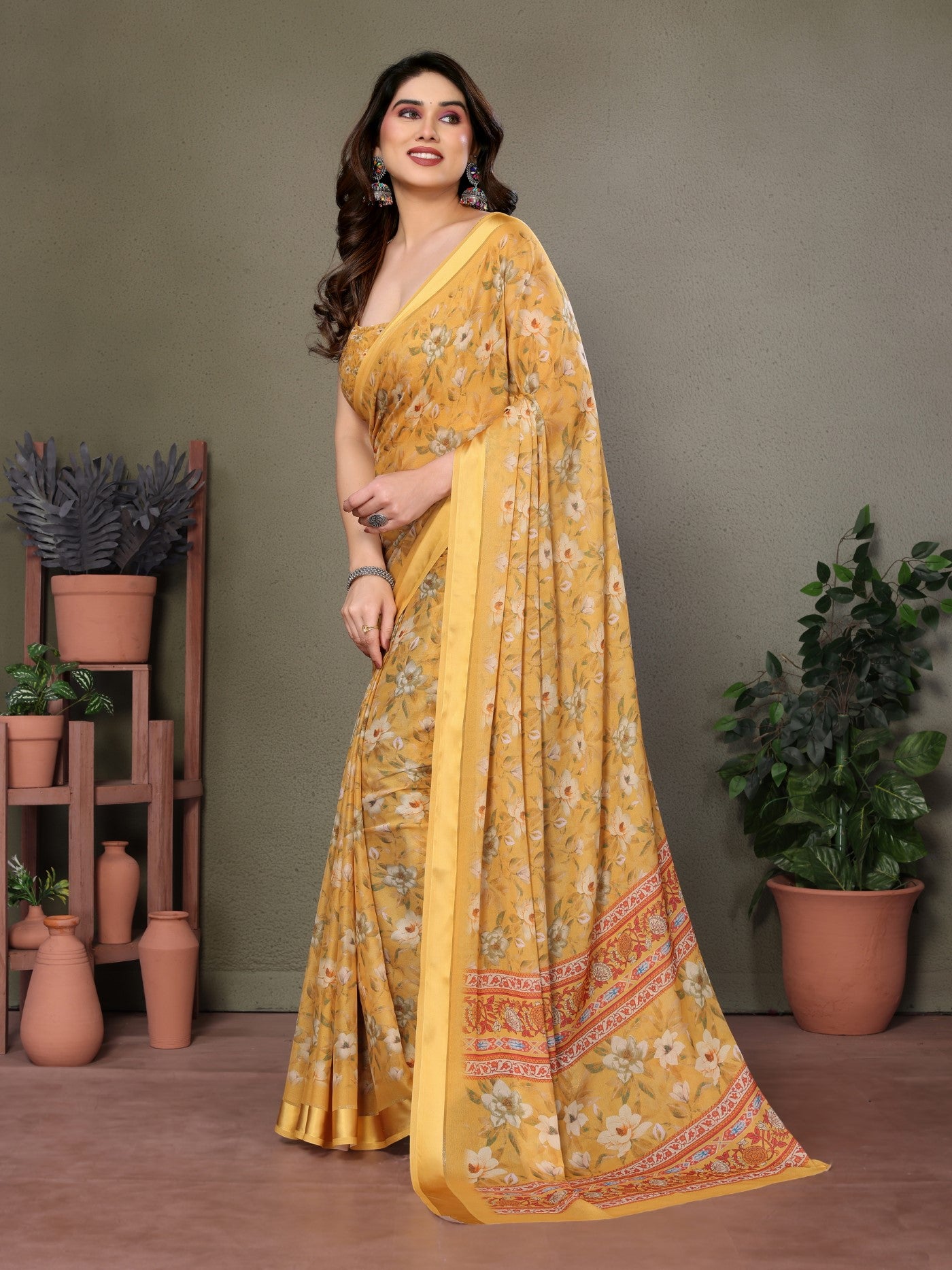Yellow Moss Satin Patta Saree with Digital Print