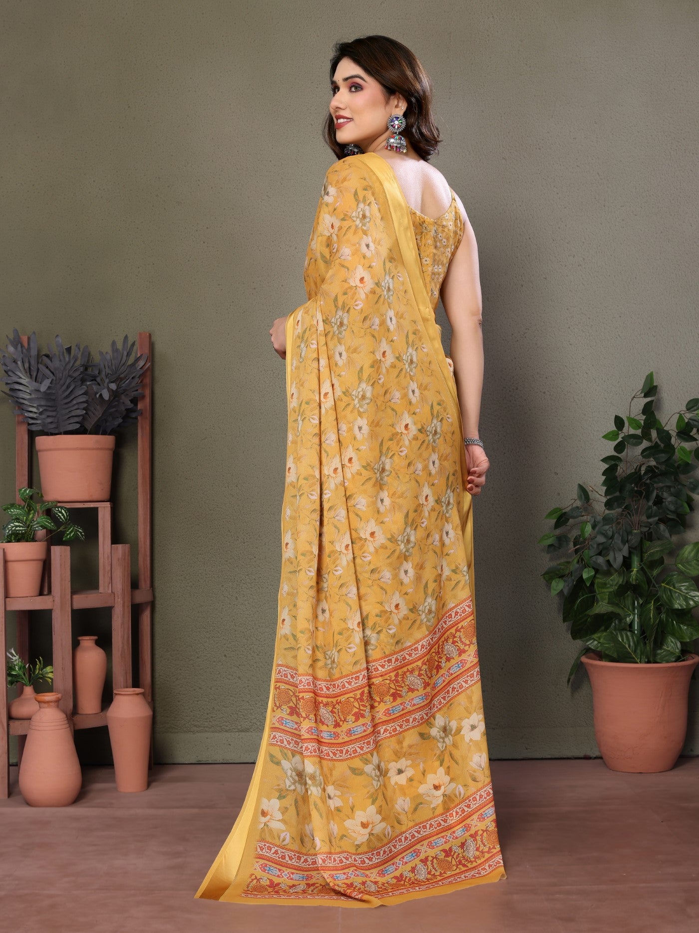 Yellow Moss Satin Patta Saree with Digital Print