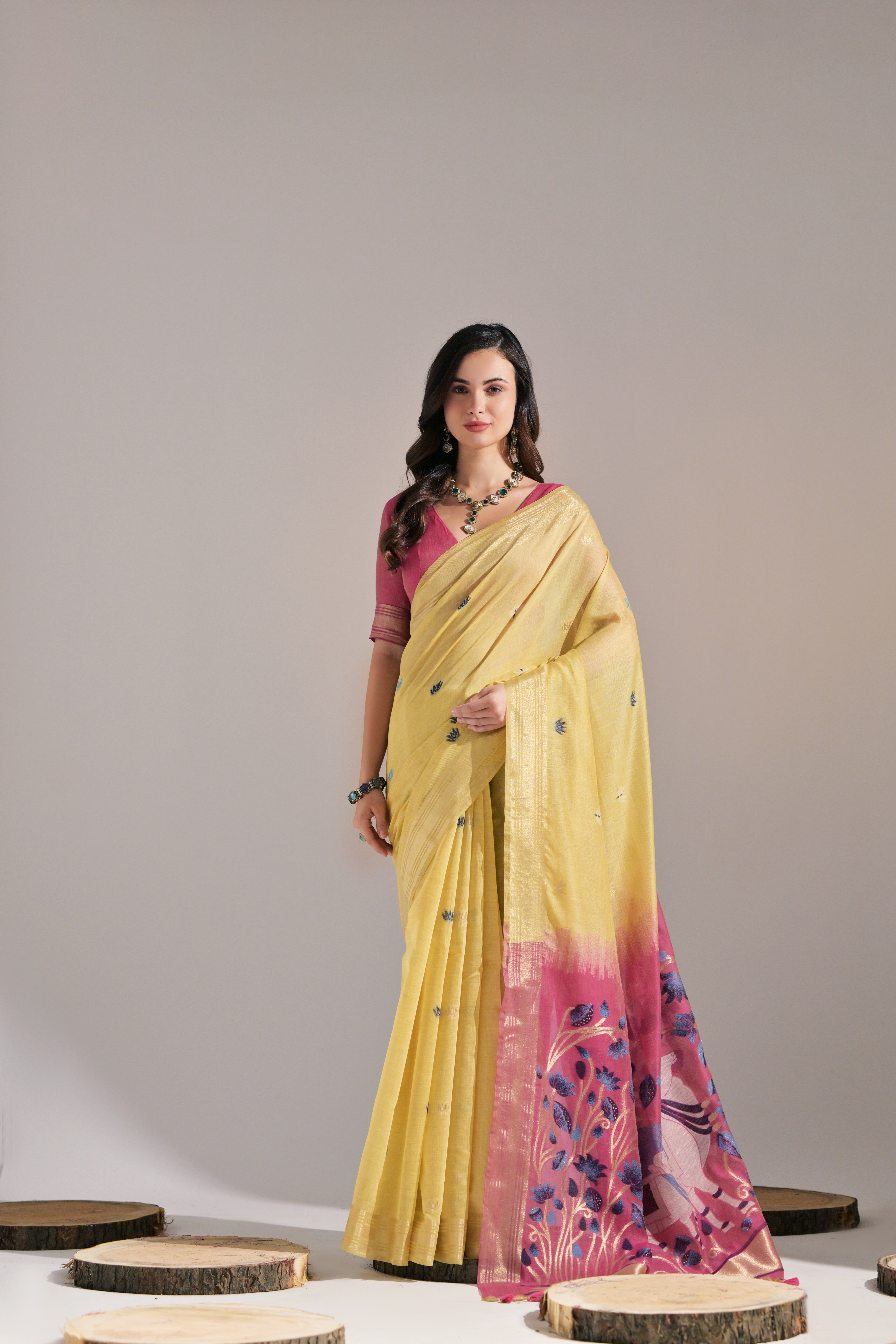 Yellow Muga Cotton Saree with Cow Design and Butti Weaves