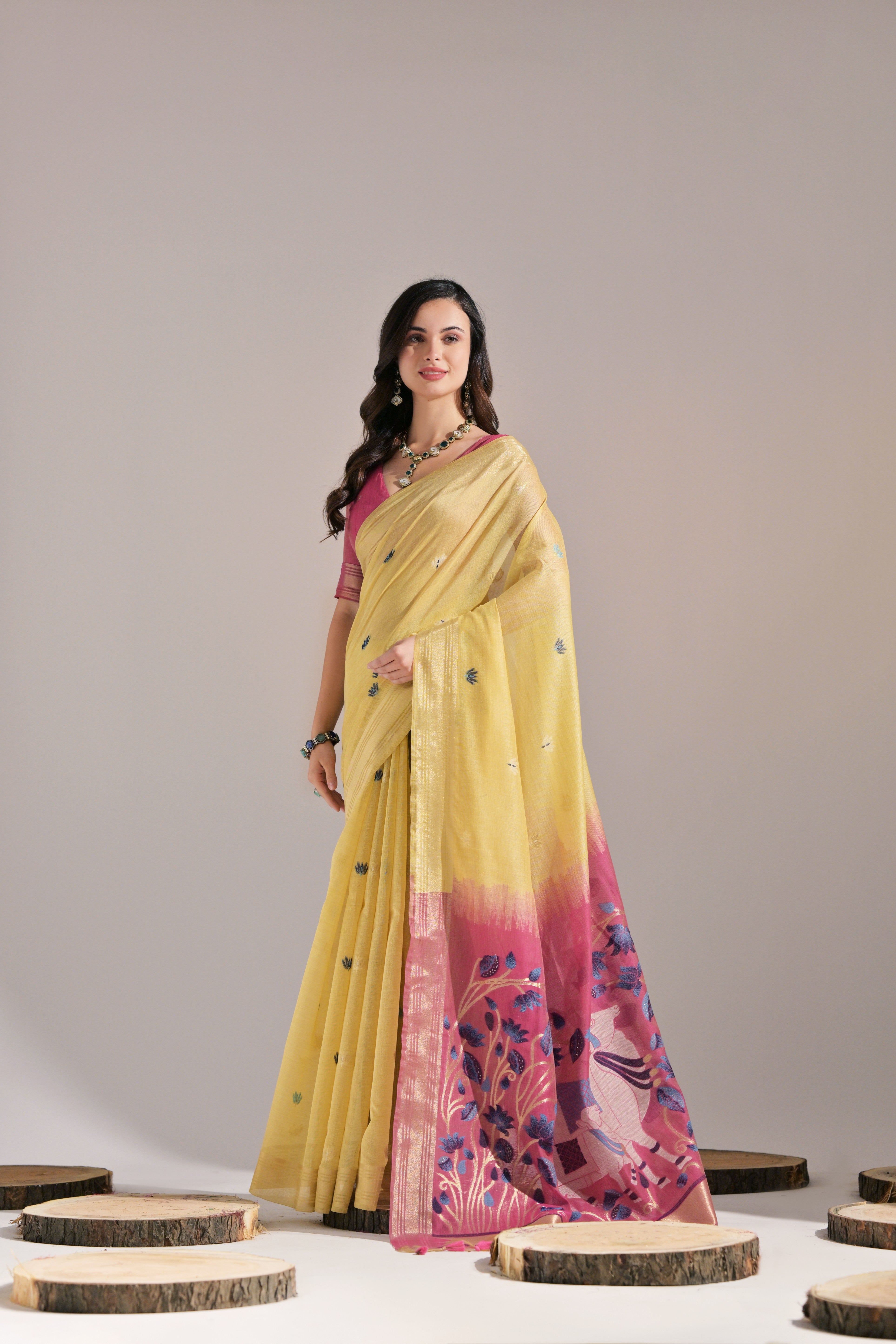 Yellow Muga Cotton Saree with Cow Design and Butti Weaves