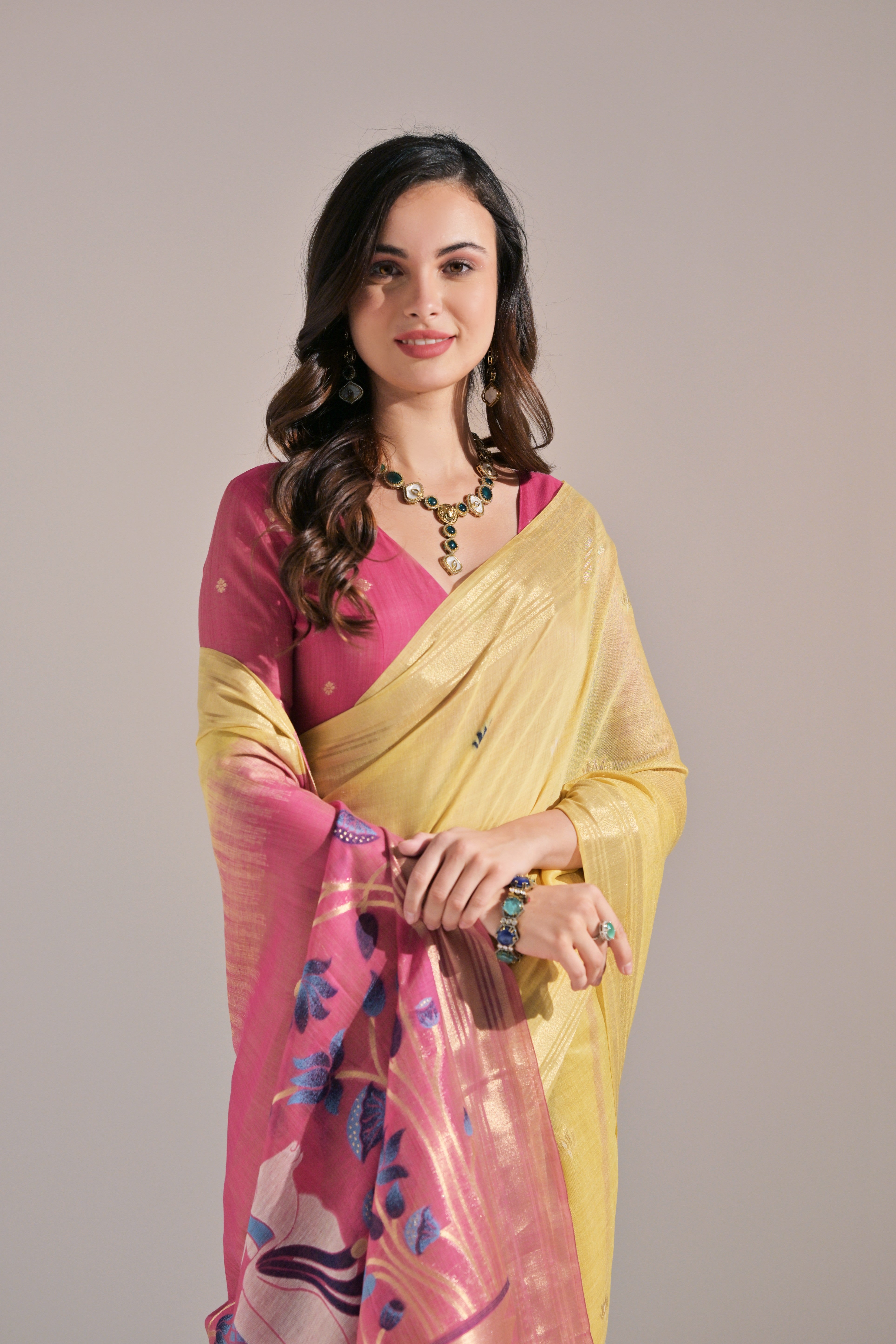 Yellow Muga Cotton Saree with Cow Design and Butti Weaves