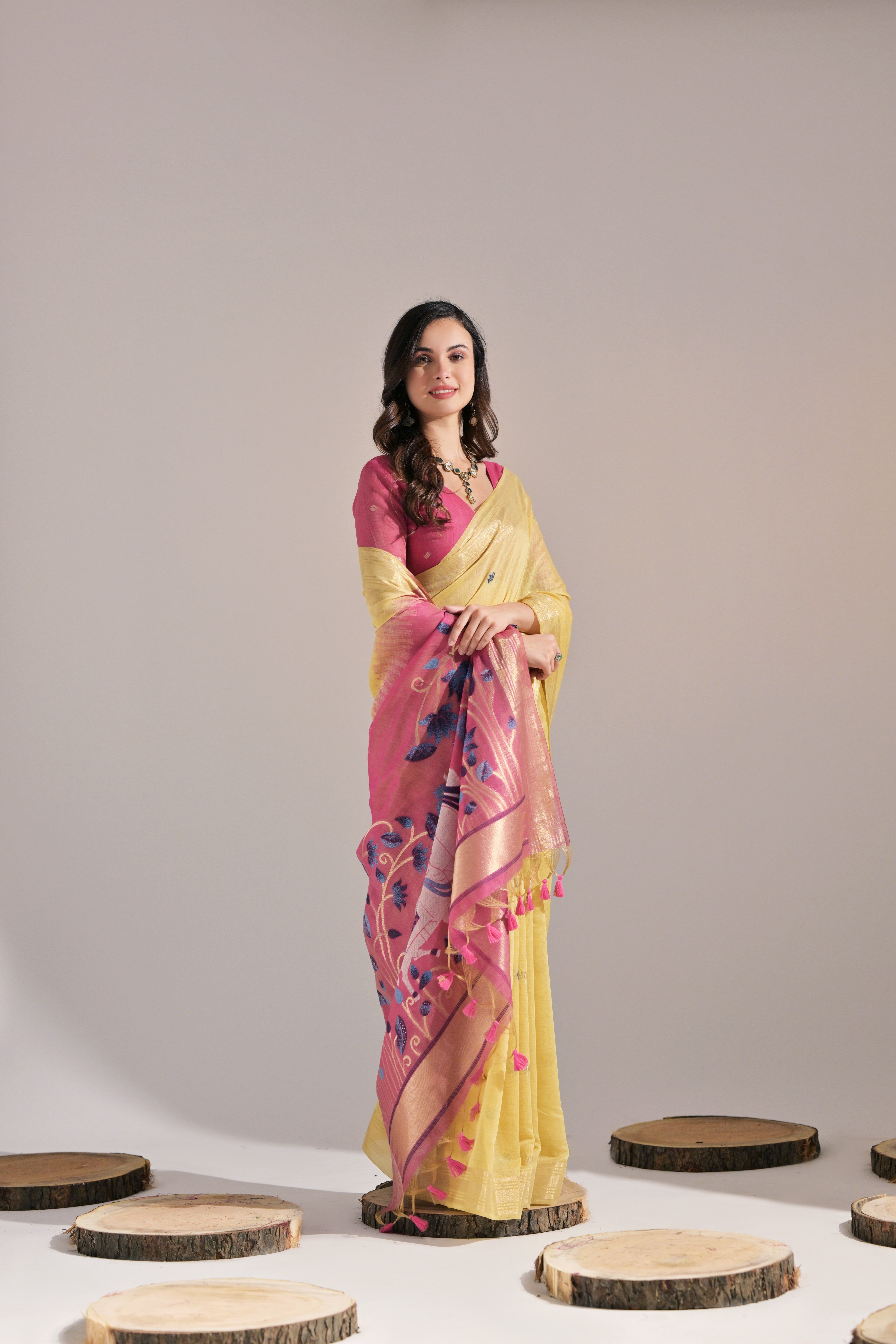 Yellow Muga Cotton Saree with Cow Design and Butti Weaves