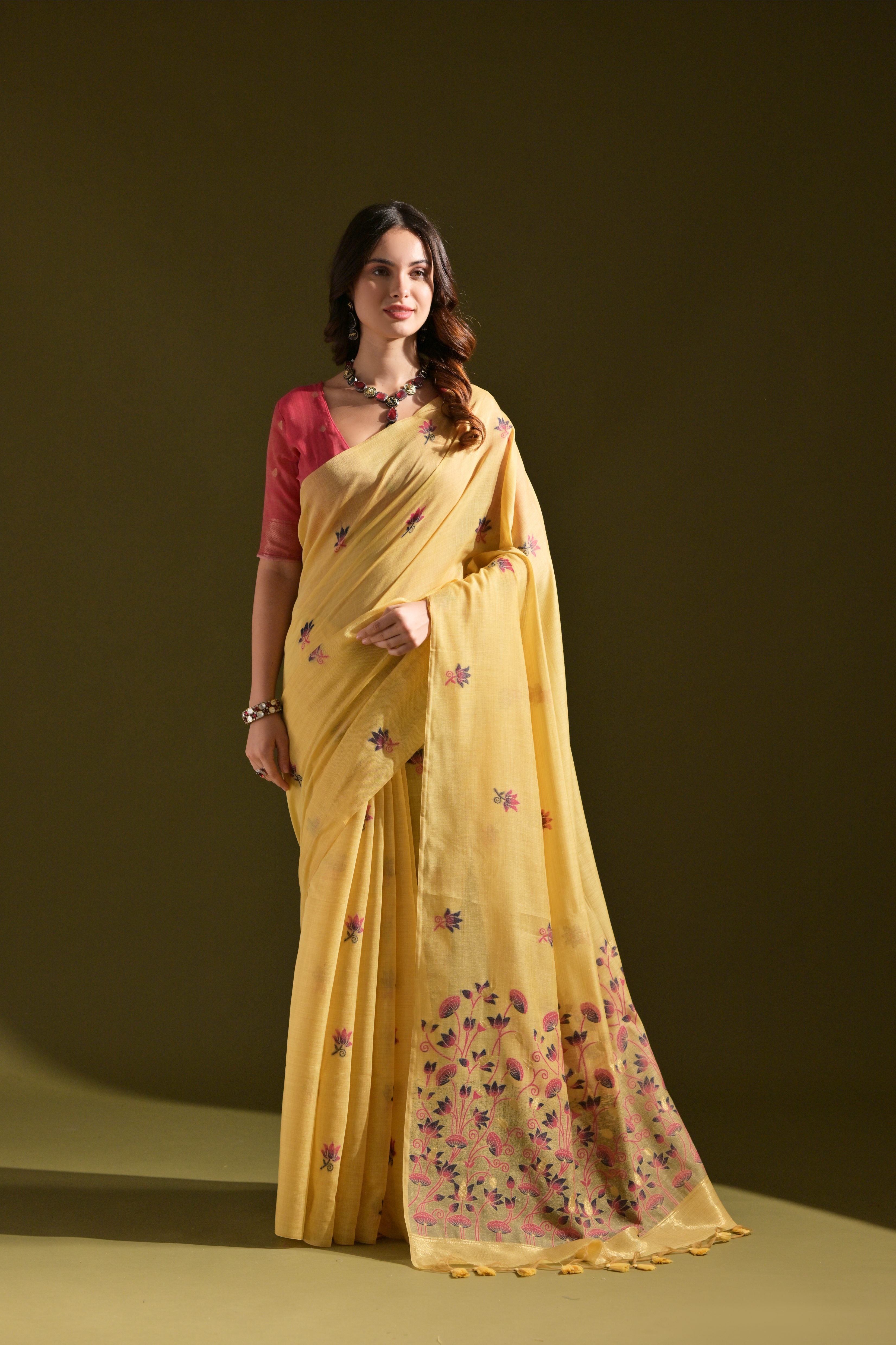 Yellow Muga Cotton Saree with Lotus Thread Design