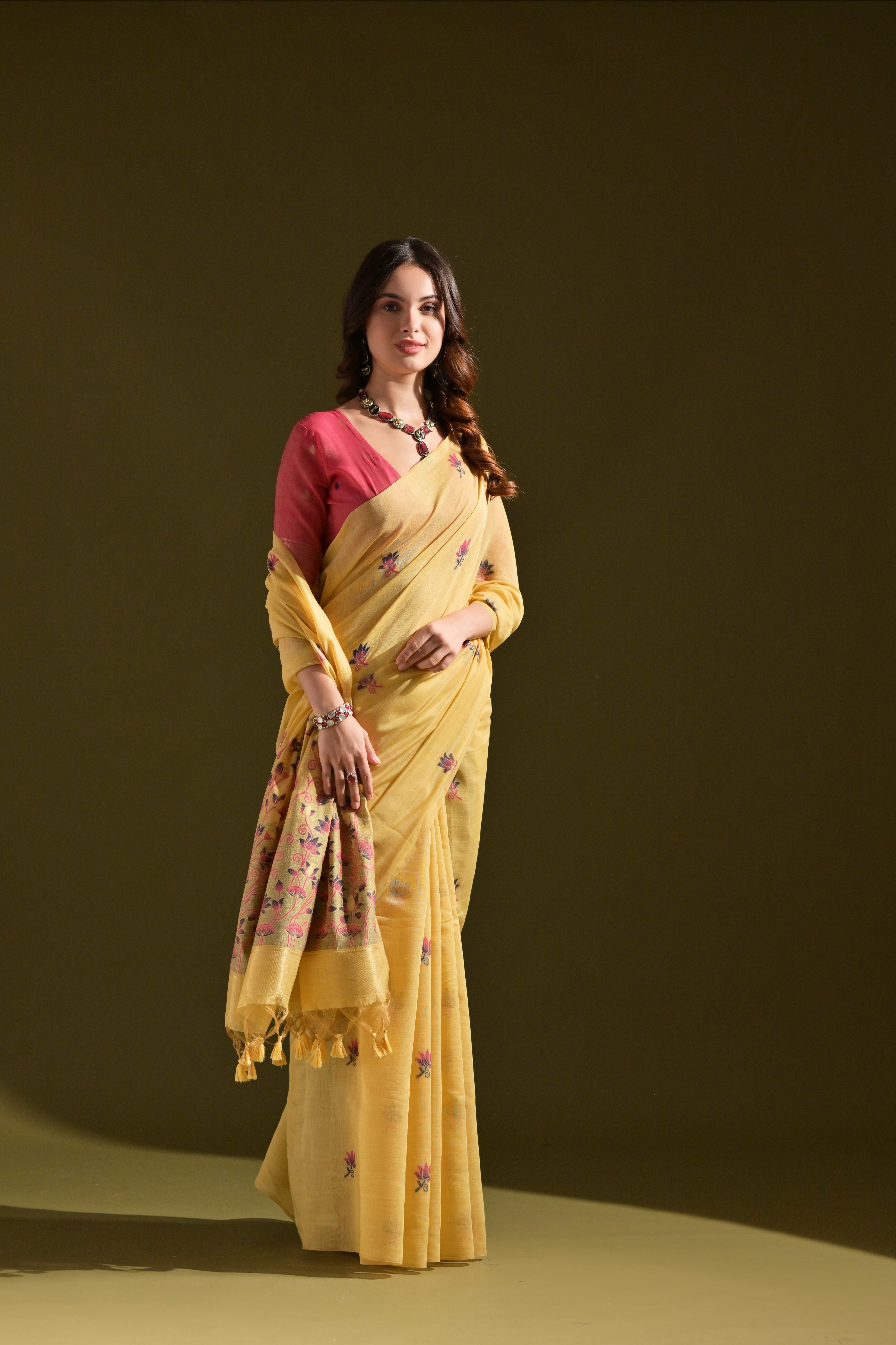 Yellow Muga Cotton Saree with Lotus Thread Design