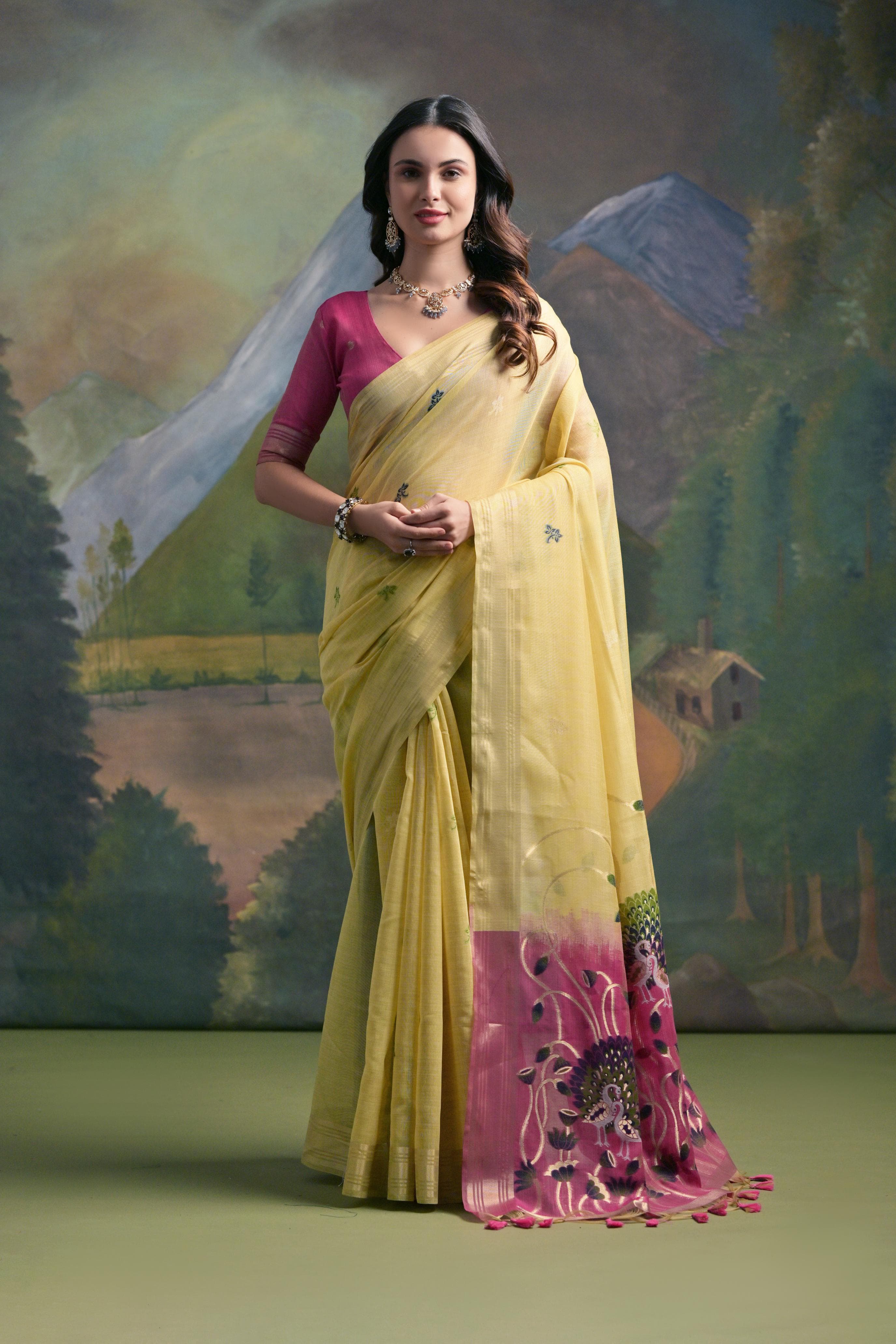 Yellow Muga Cotton Saree with Peacock Pallu and Butti Weaves