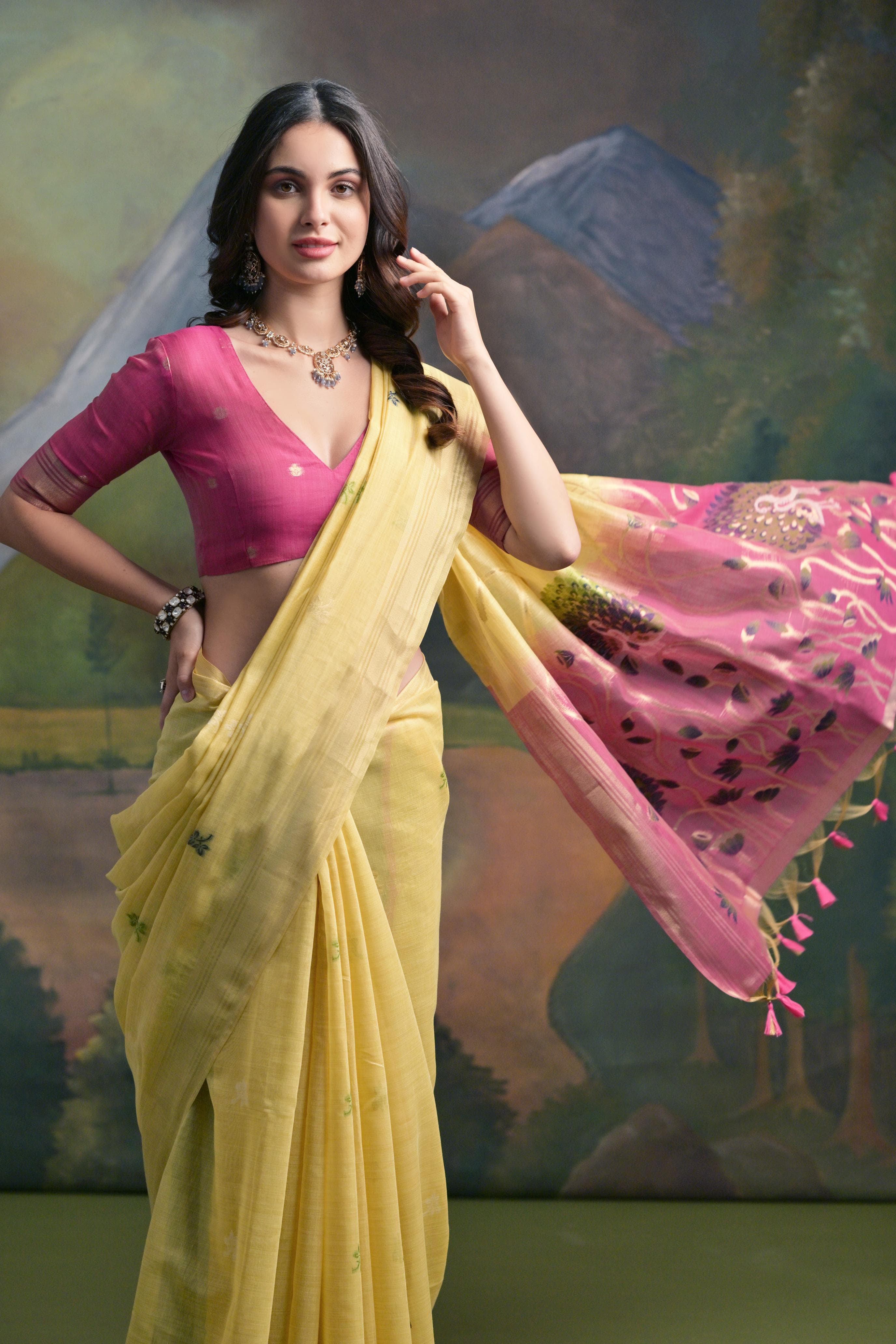 Yellow Muga Cotton Saree with Peacock Pallu and Butti Weaves