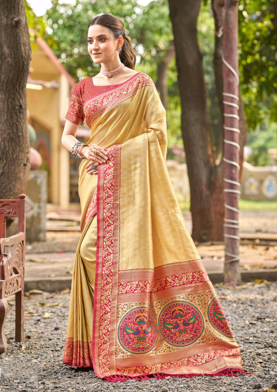 Yellow Multi Color Kanjivaram Silk Saree With Classic Drape and Refined Beauty