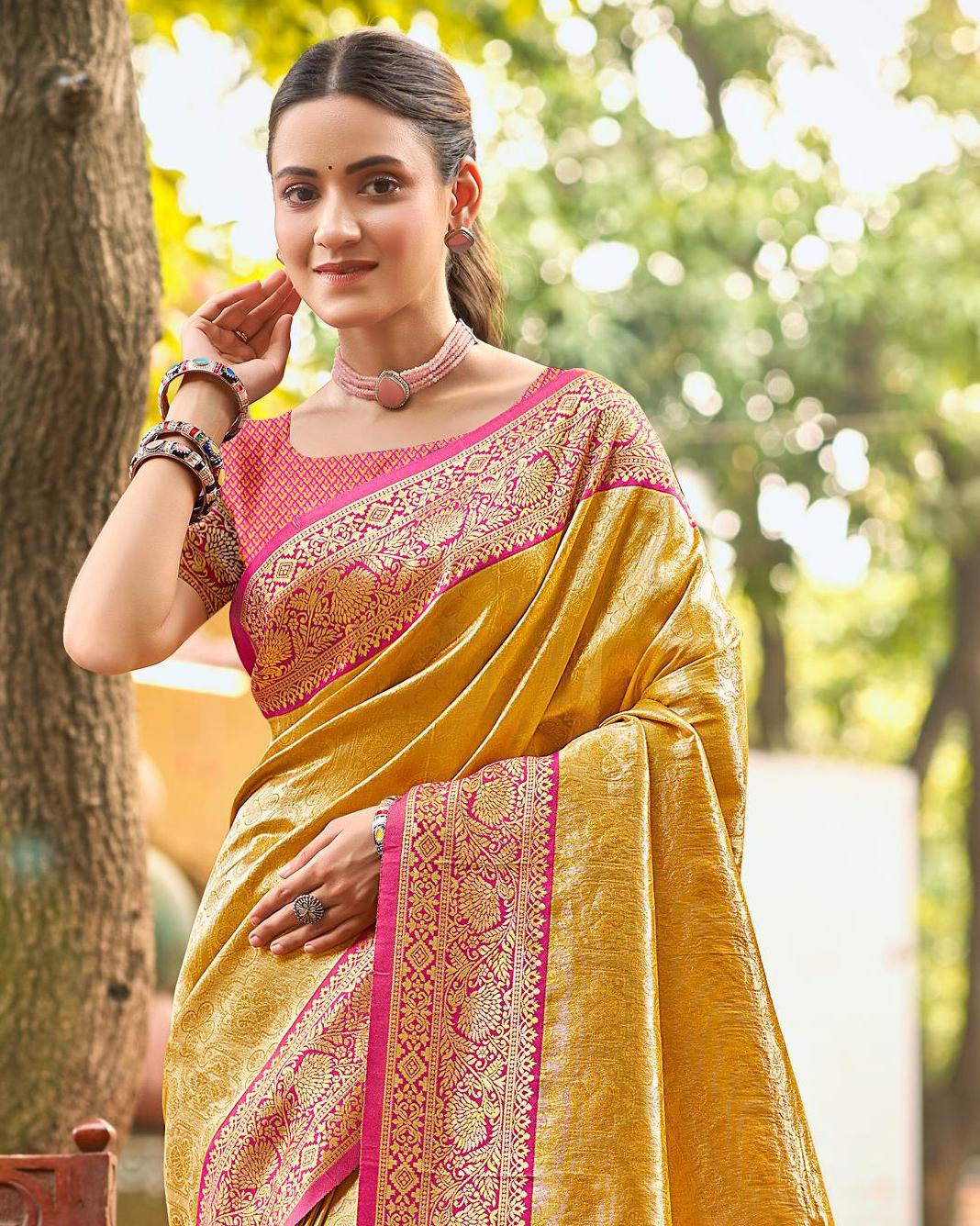 Yellow Multi Color Kanjivaram Silk Saree With Sophisticated Touch and Subtle Elegance