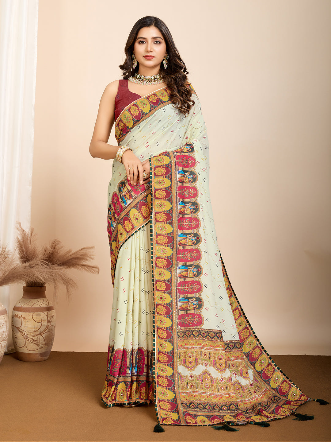 Yellow Muslin Cotton Designer Digital Printed Ethnic Ceremonial Saree