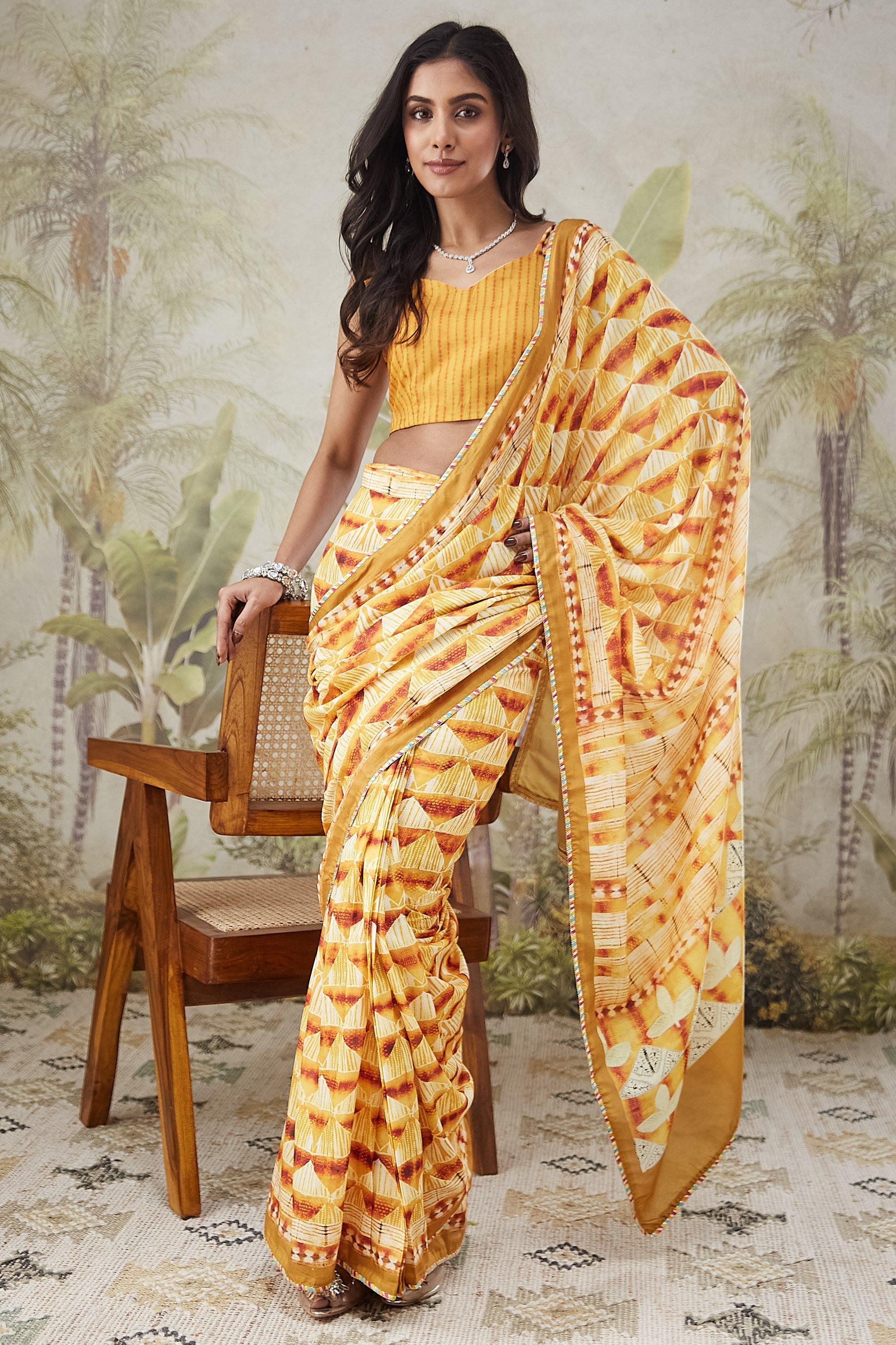 Yellow Muslin Designer Printed Ready To Wear Saree