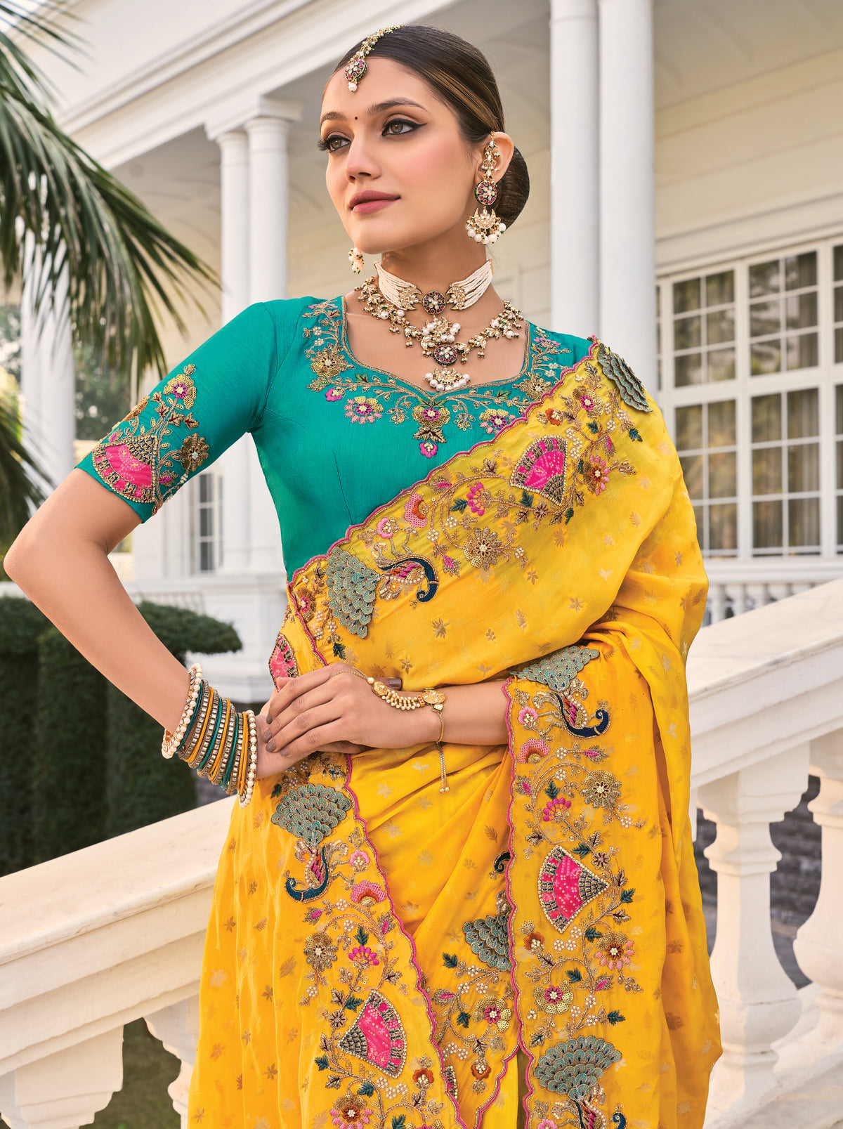 Yellow Natural Crepe Saree With Embroidery Work